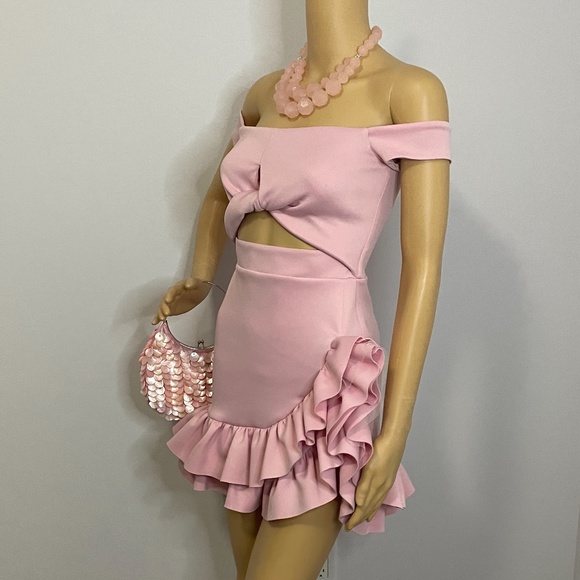 ASOS Dresses & Skirts - Baby pink off shoulder cutout twist fit flare mini dress w big ruffles and tulle